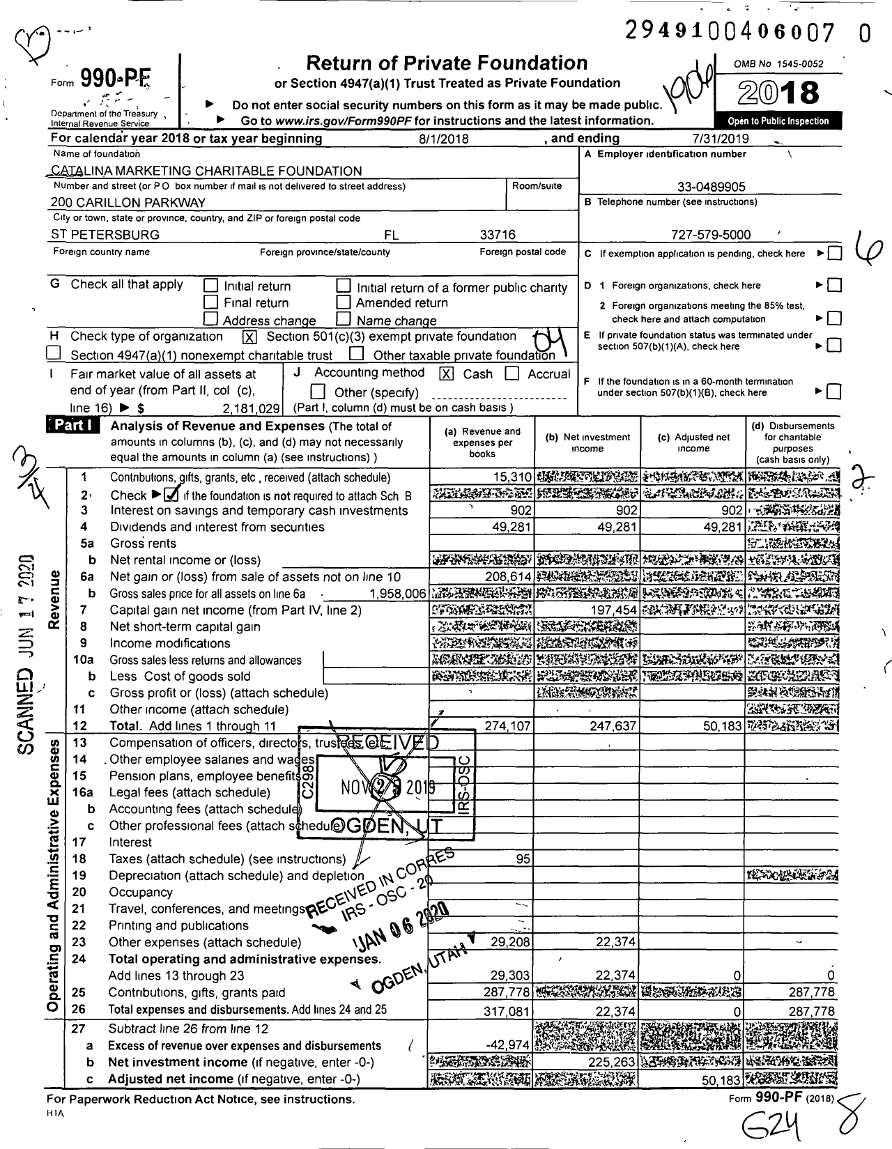 Image of first page of 2018 Form 990PR for Catalina Marketing Charitable Foundation