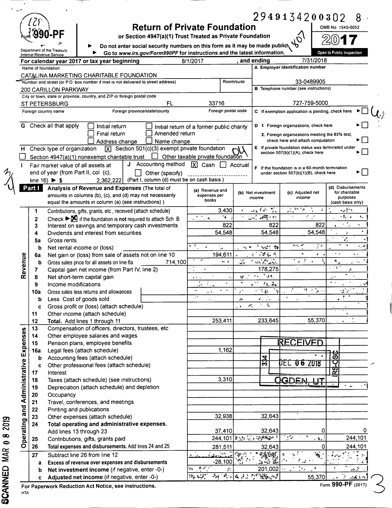 Image of first page of 2017 Form 990PF for Catalina Marketing Charitable Foundation