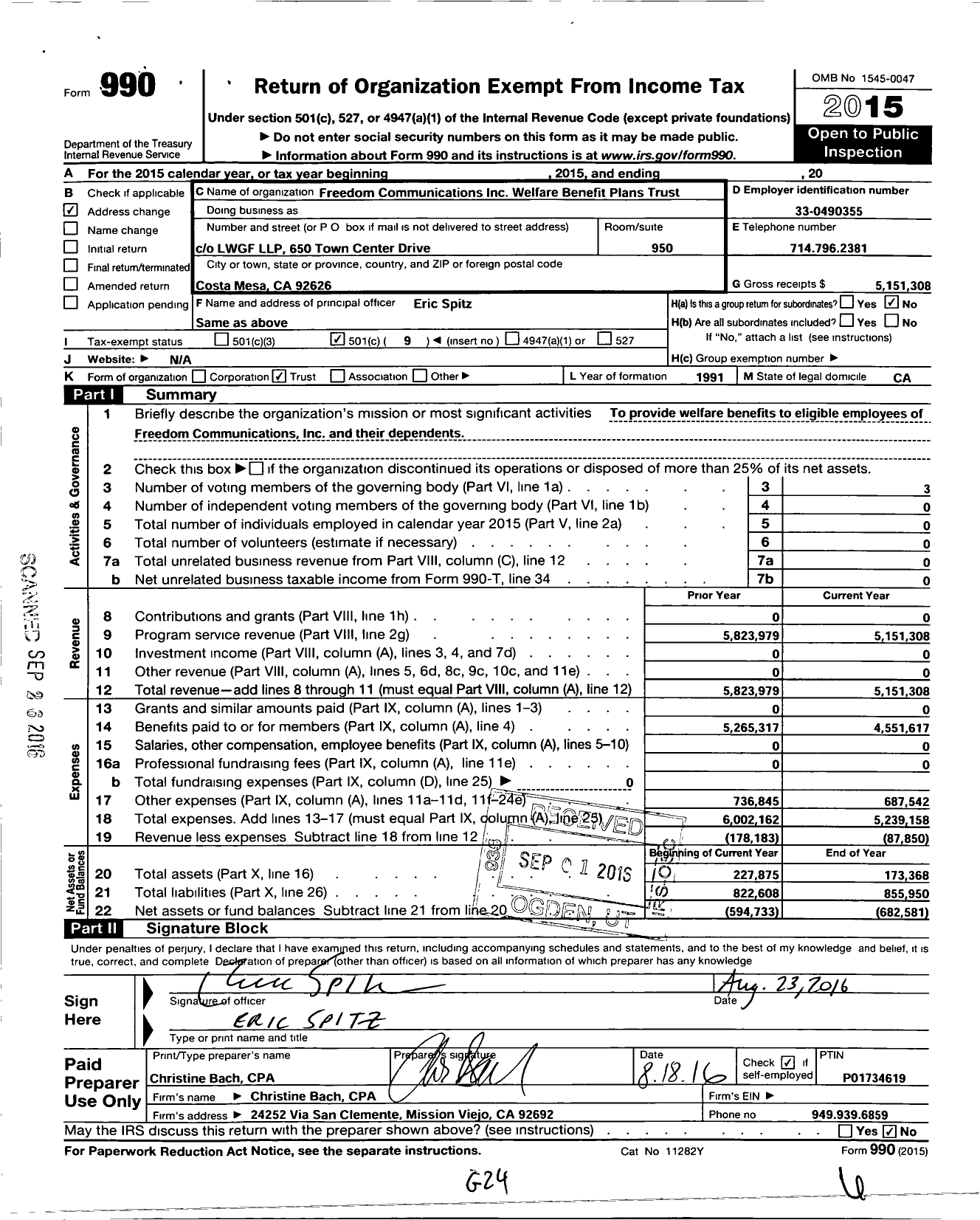 Image of first page of 2015 Form 990O for Freedom Communications Welfare Benefit Plans Trust