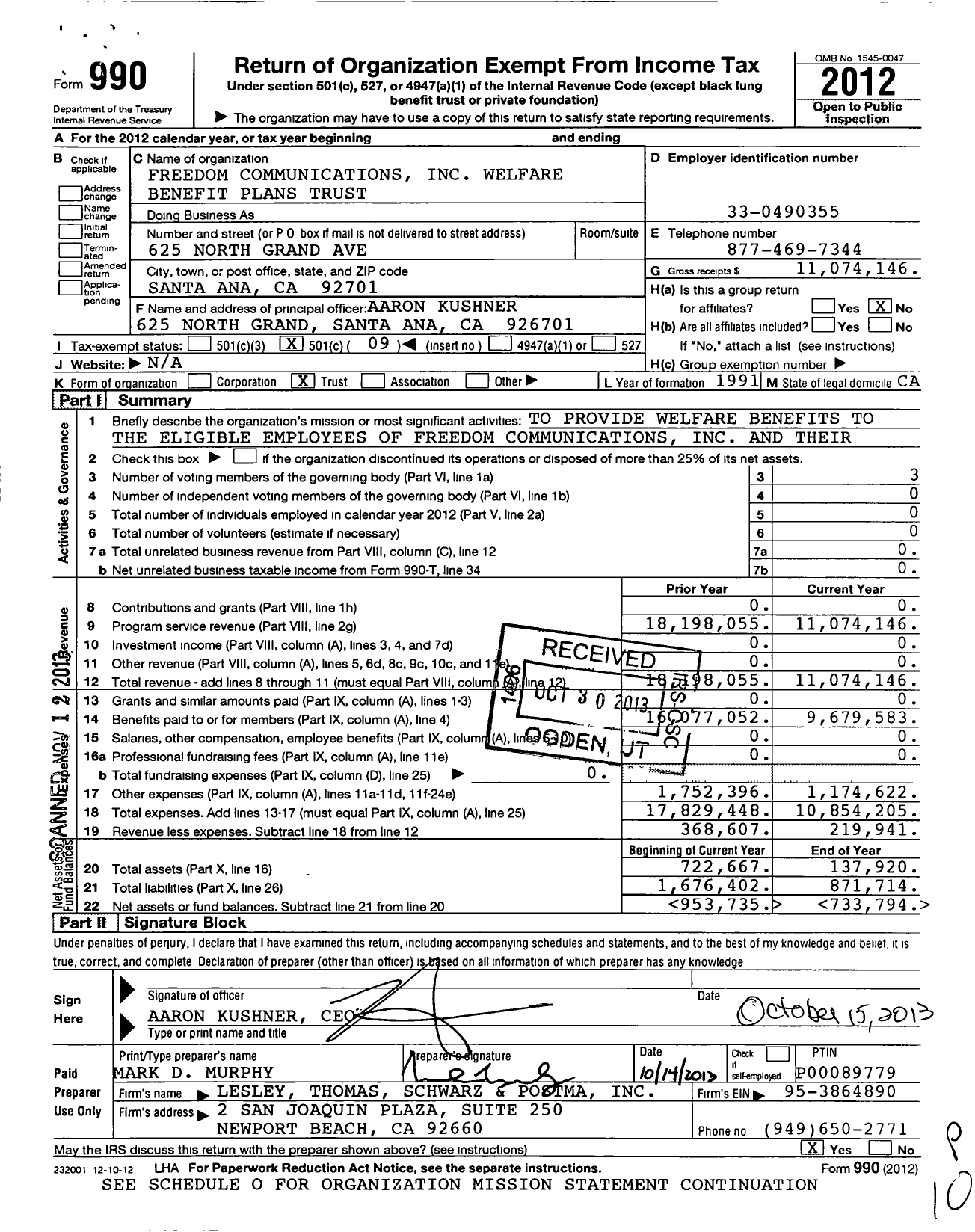 Image of first page of 2012 Form 990O for Freedom Communications Welfare Benefit Plans Trust