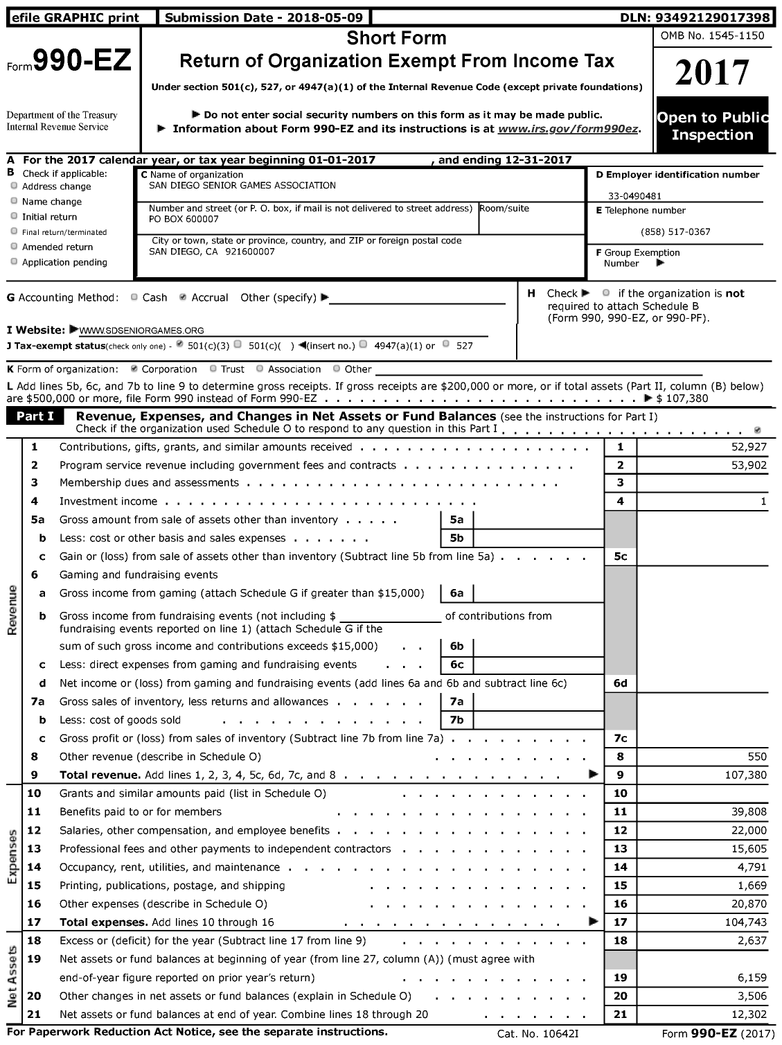 Image of first page of 2017 Form 990EZ for San Diego Senior Games Association