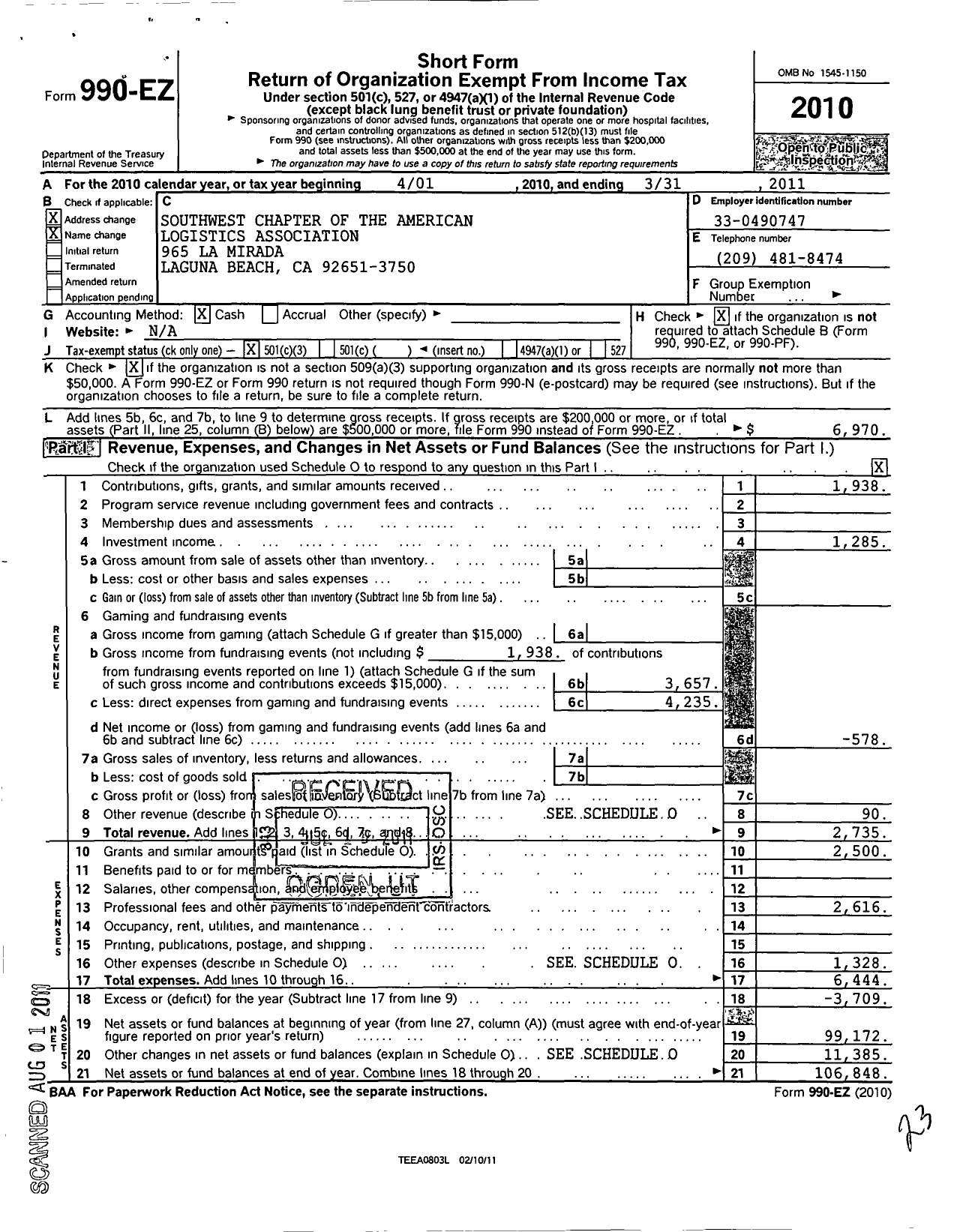 Image of first page of 2010 Form 990EZ for American Logistics Association / Southwest Chapter