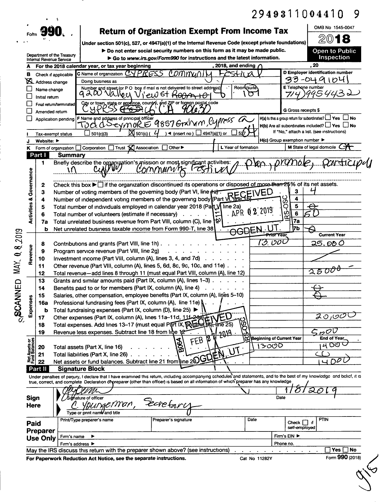 Image of first page of 2018 Form 990O for Cypress Community Festival Association