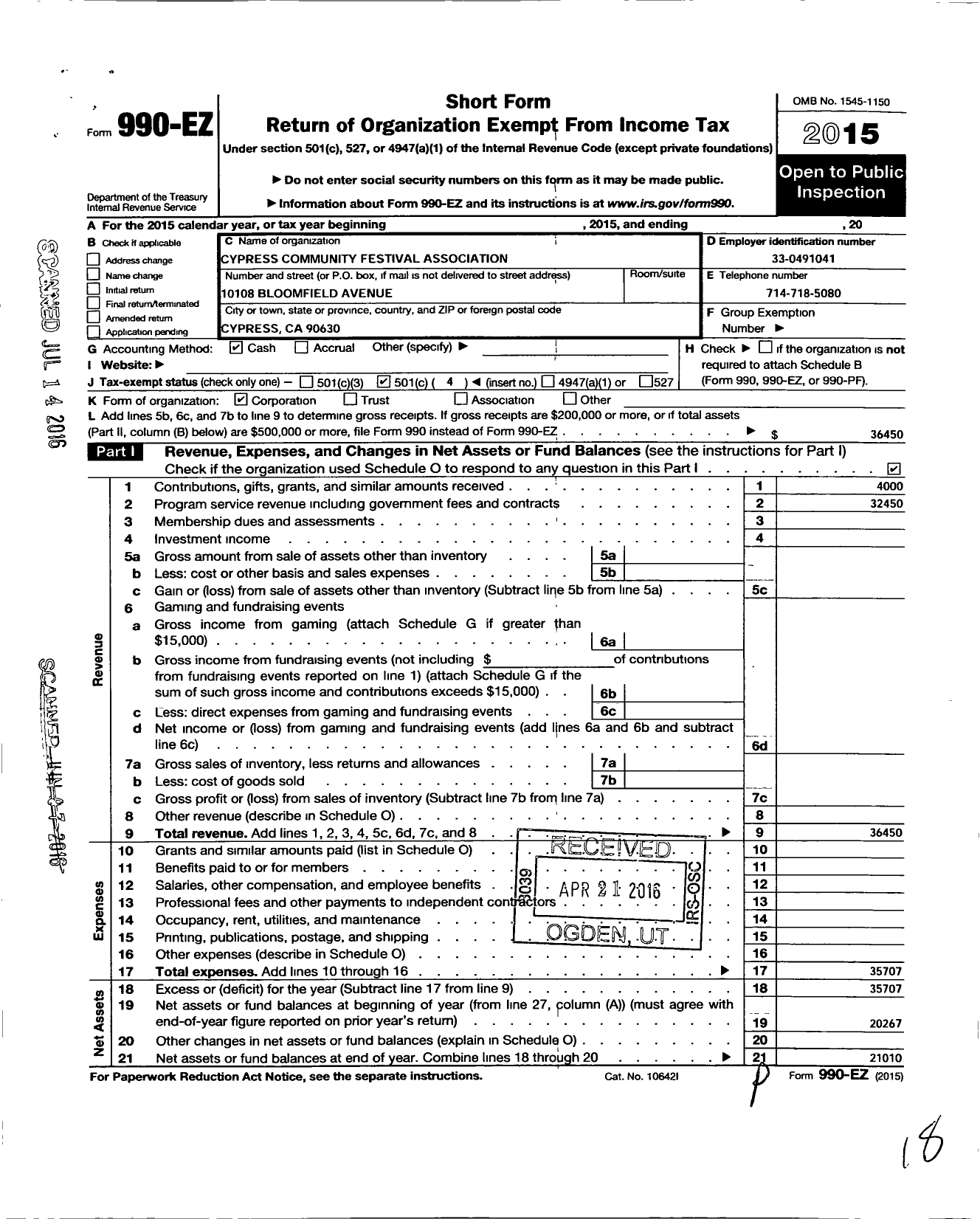 Image of first page of 2015 Form 990EO for Cypress Community Festival Association
