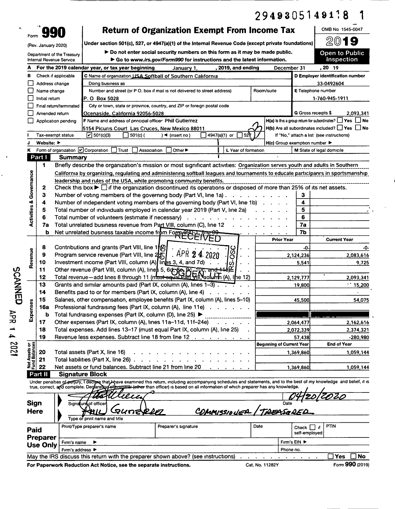 Image of first page of 2019 Form 990 for USA Softball of Southern California