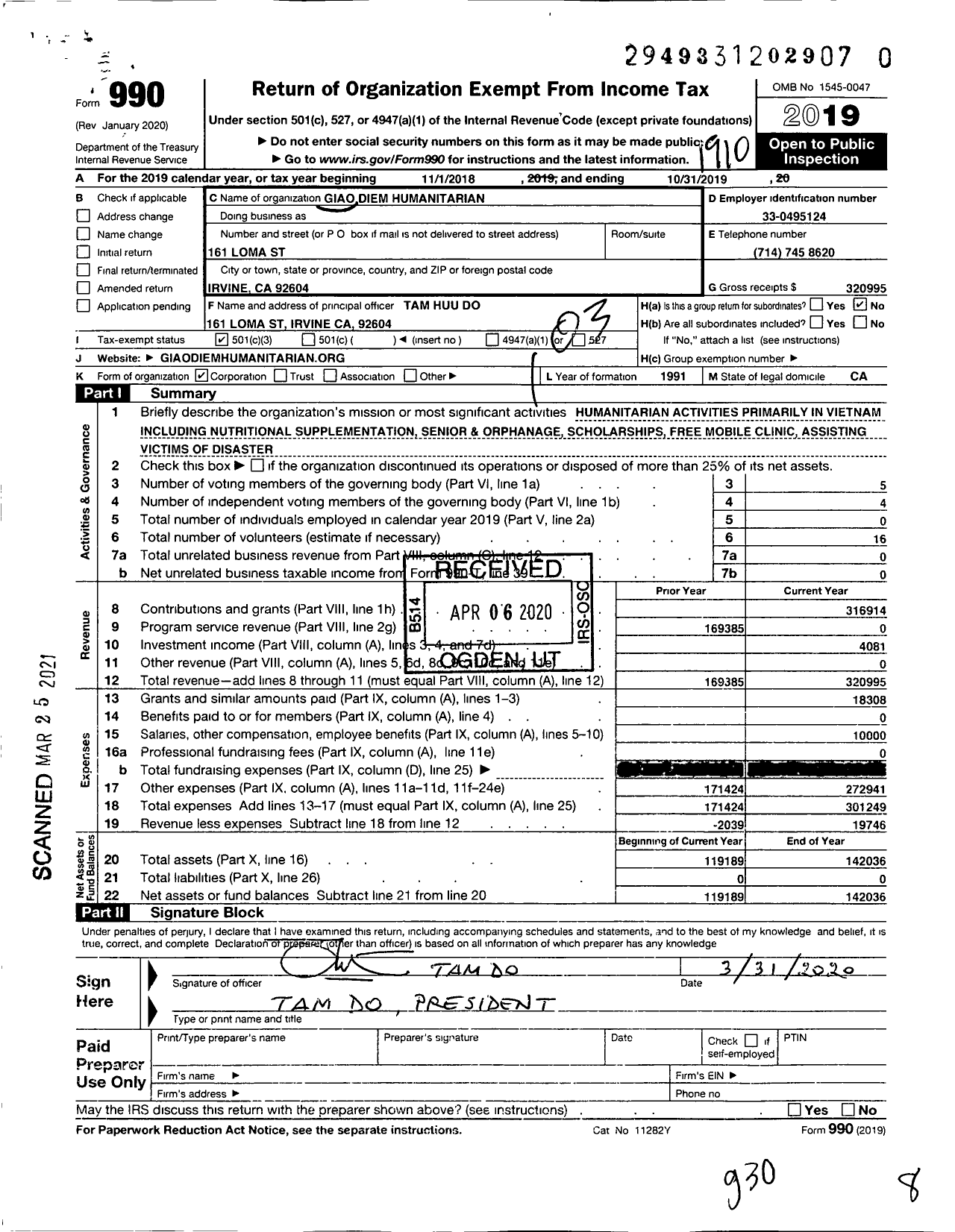 Image of first page of 2018 Form 990 for Giao Diem Humanitarian Foundation