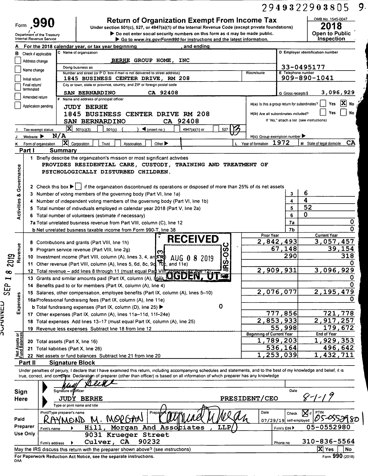 Image of first page of 2018 Form 990 for Berhe Group Home