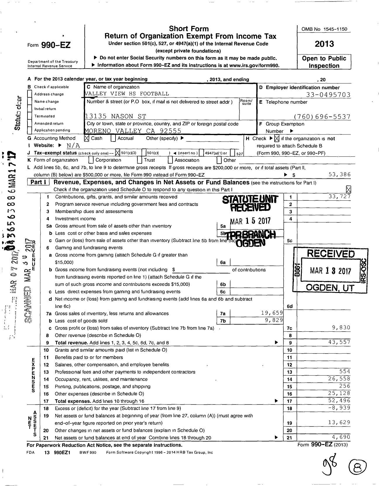 Image of first page of 2013 Form 990EZ for Valley View High School Football Booster Club