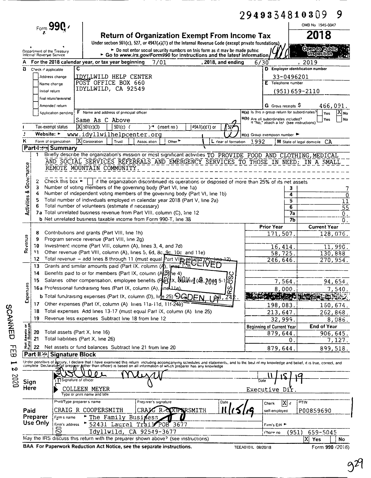 Image of first page of 2018 Form 990 for Idyllwild Help Center