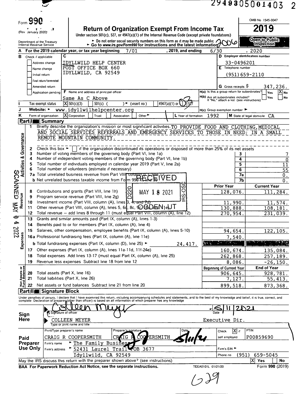 Image of first page of 2019 Form 990 for Idyllwild Help Center