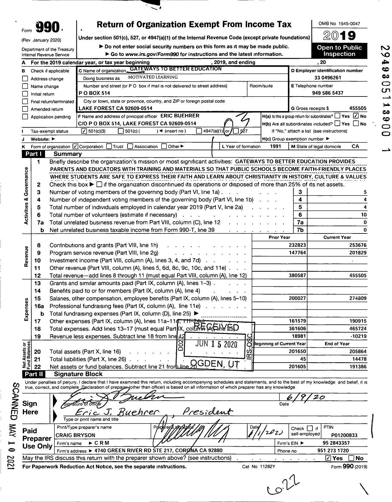 Image of first page of 2019 Form 990 for Gateways To Better Education Motivated Learning