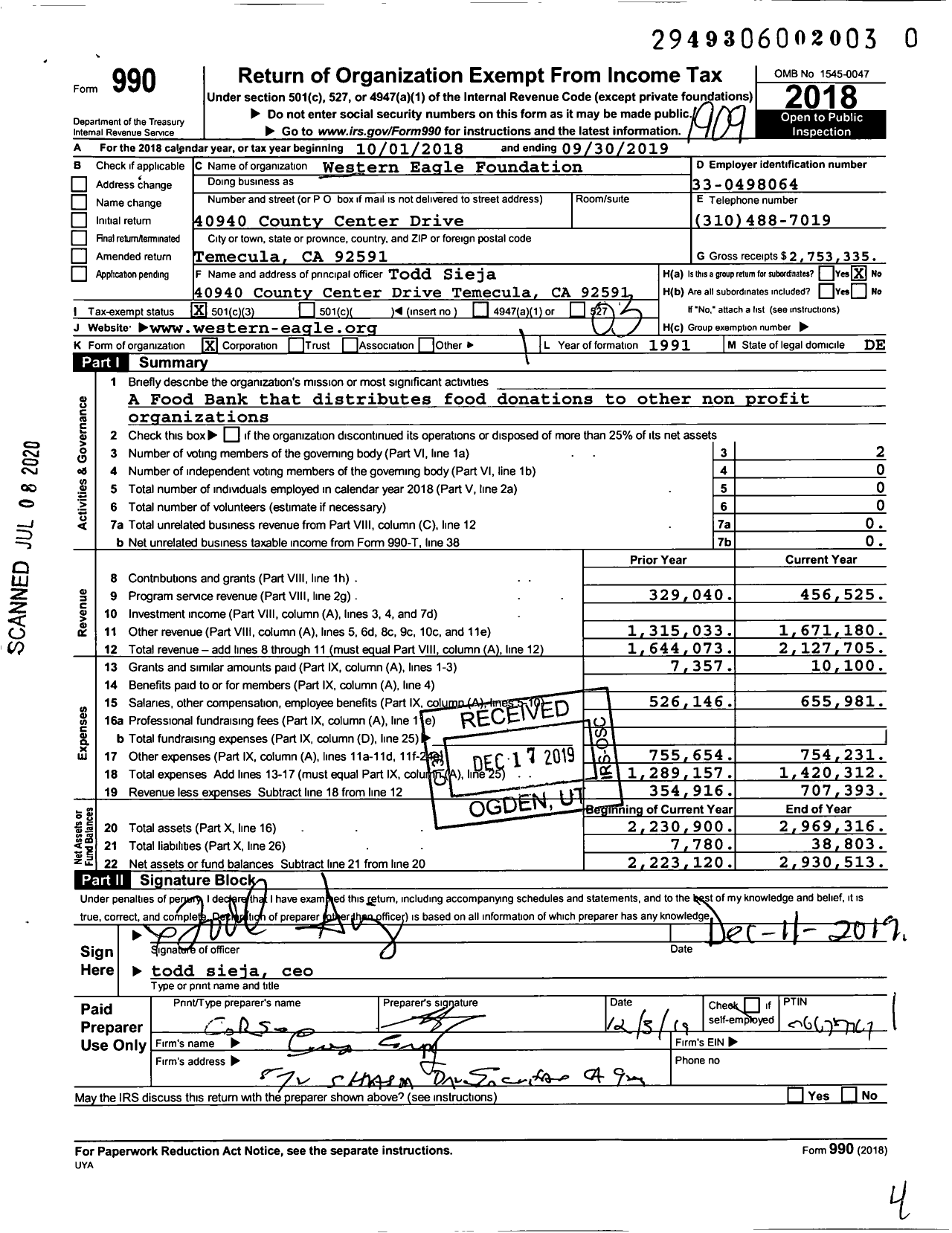 Image of first page of 2018 Form 990 for Western Eagle Foundation