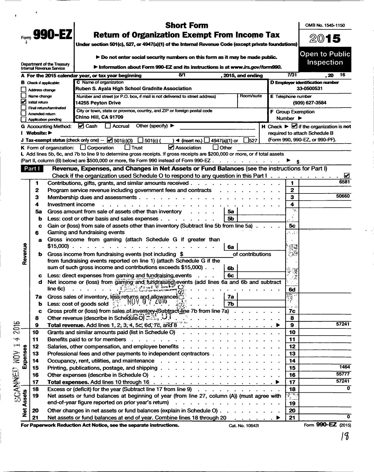 Image of first page of 2015 Form 990EZ for Ruben S Ayala High School Grad Nite Association