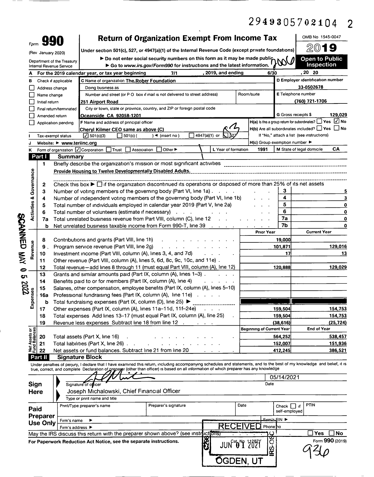 Image of first page of 2019 Form 990 for The Roher Foundation
