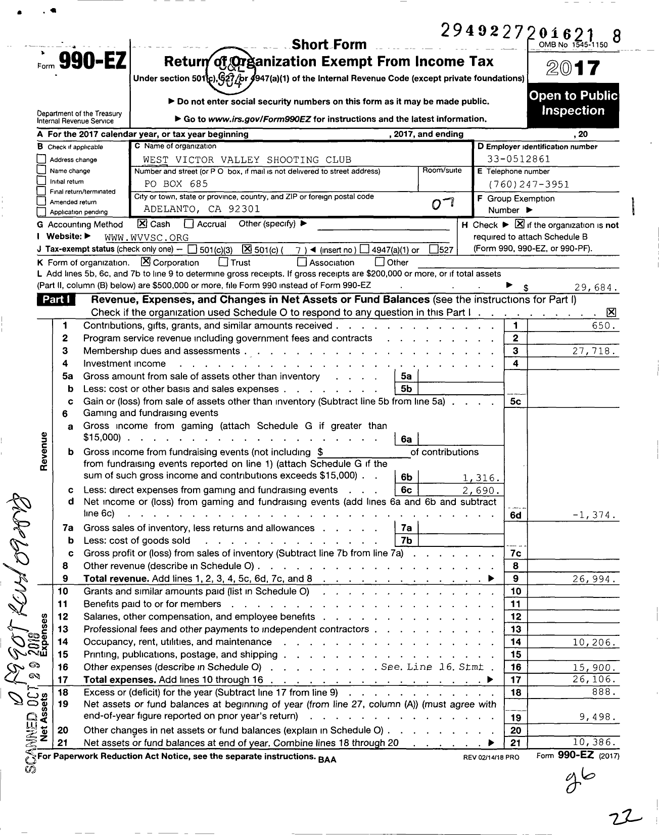 Image of first page of 2017 Form 990EO for West Victor Valley Shooting Club