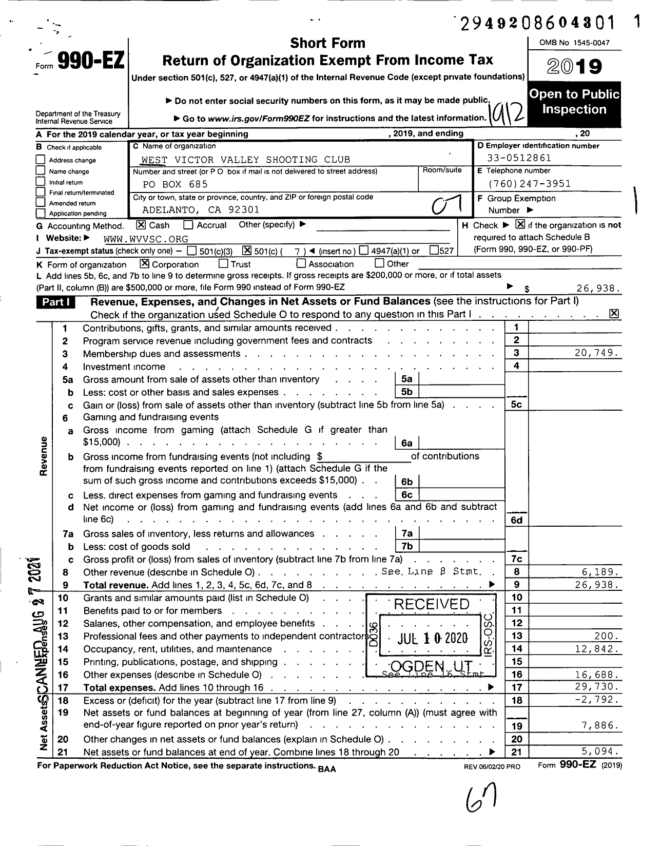 Image of first page of 2019 Form 990EO for West Victor Valley Shooting Club