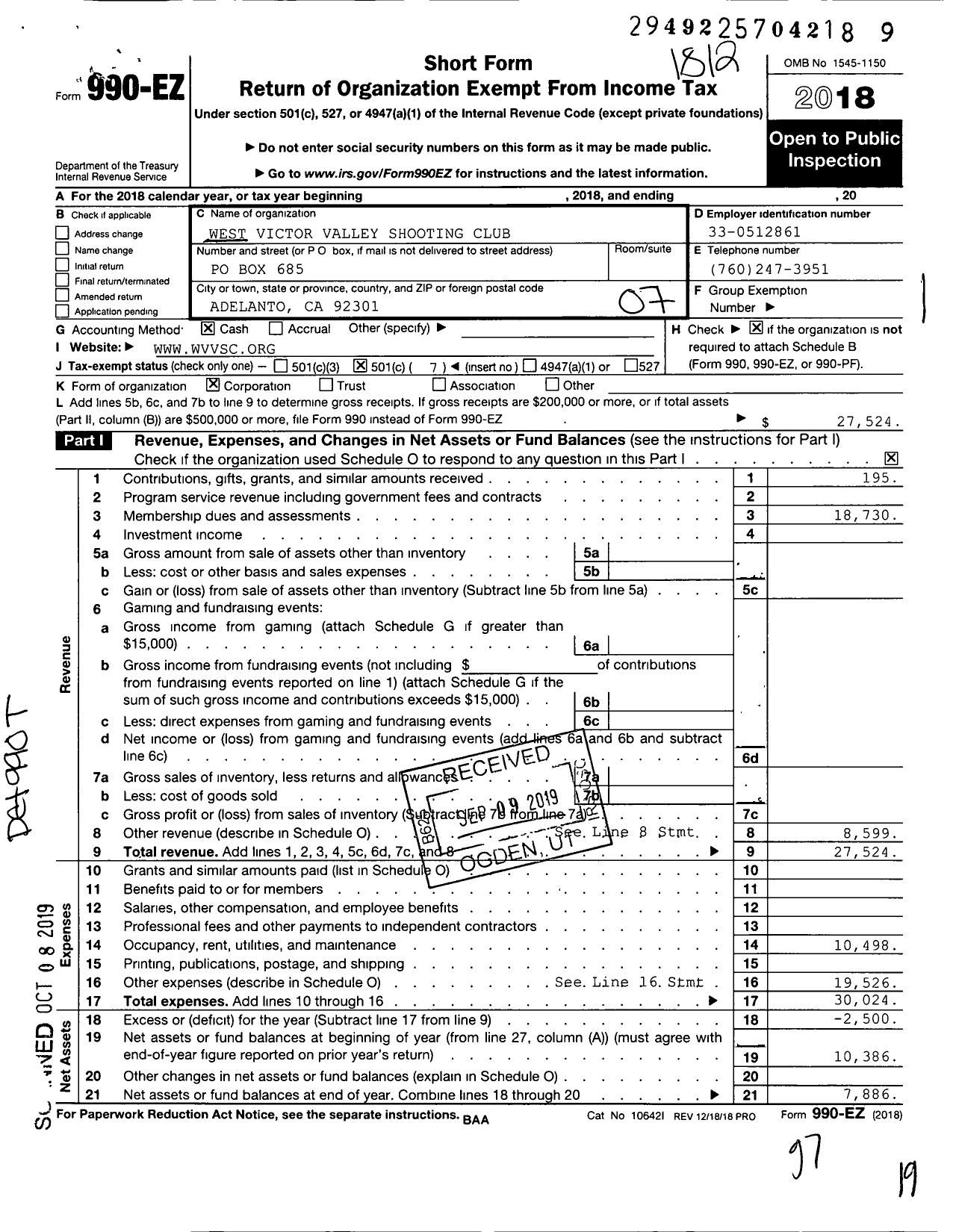 Image of first page of 2018 Form 990EO for West Victor Valley Shooting Club