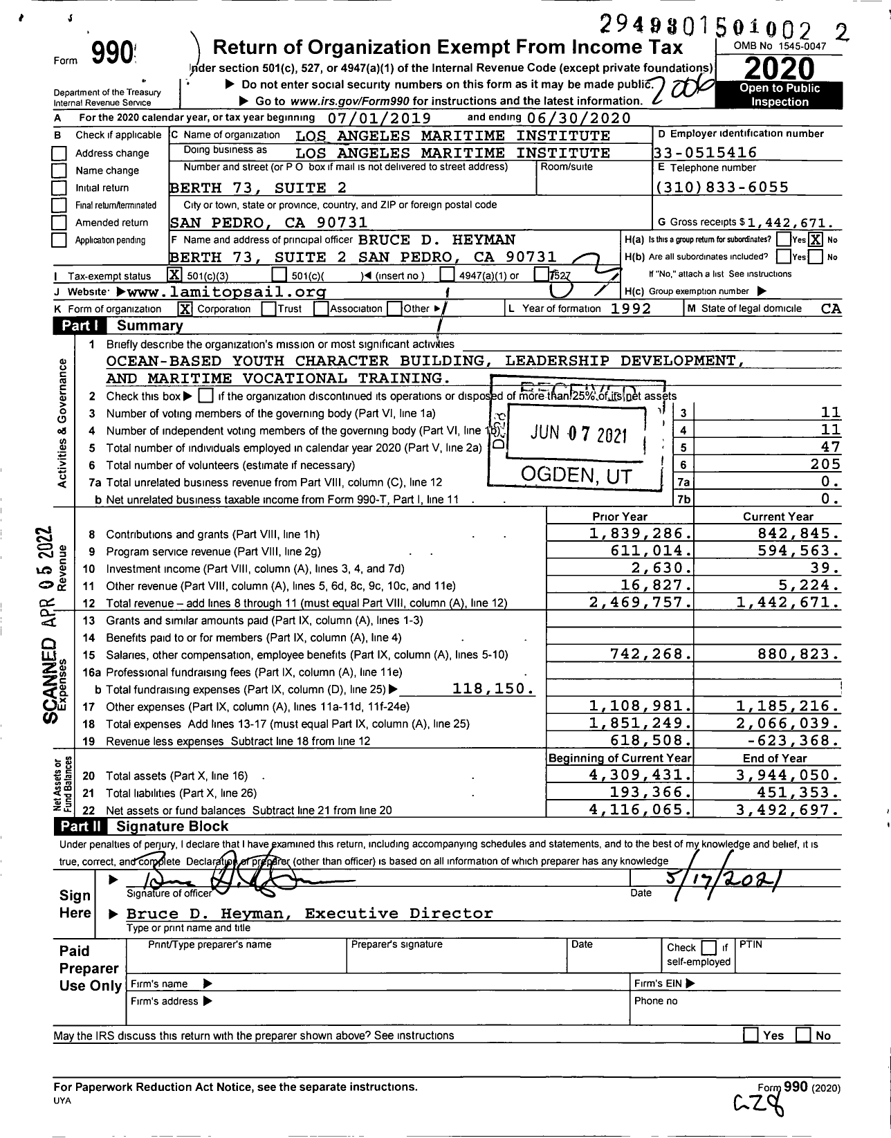 Image of first page of 2019 Form 990 for Los Angeles Maritime Institute