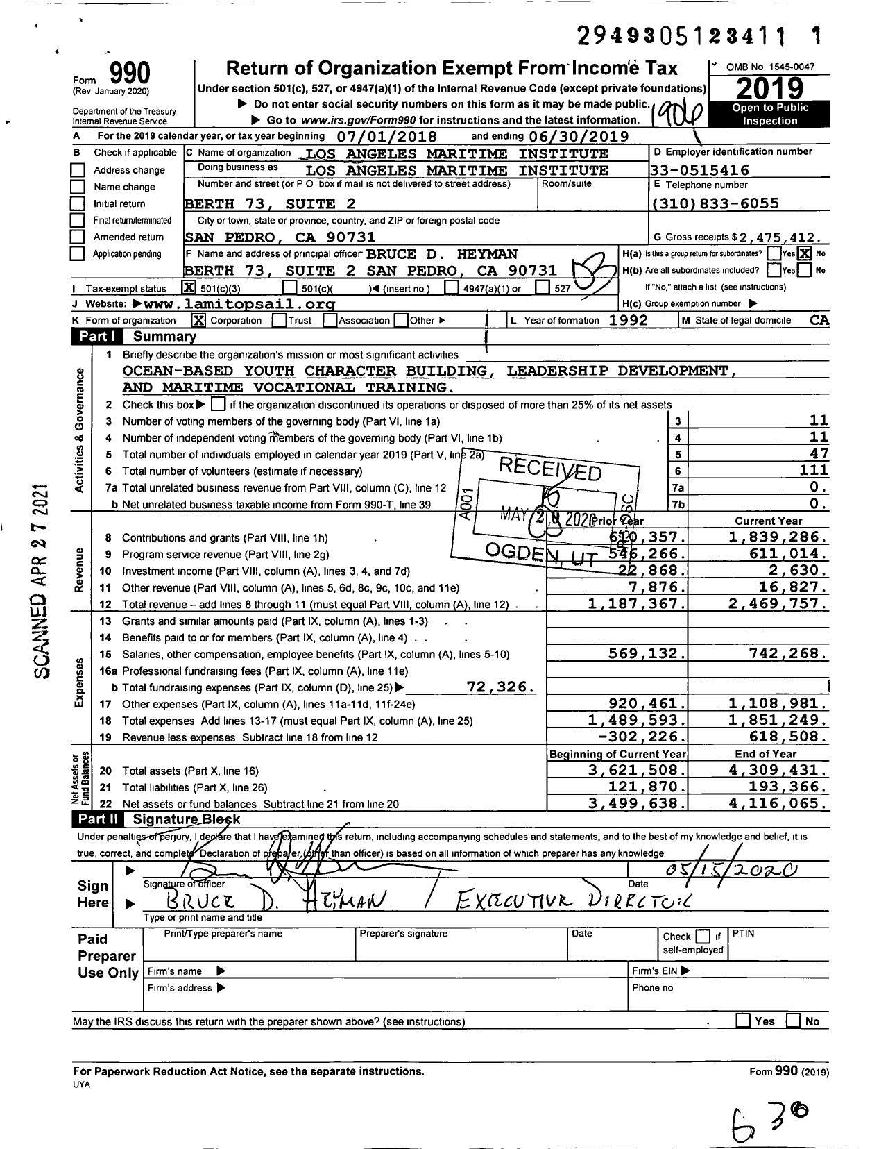 Image of first page of 2018 Form 990 for Los Angeles Maritime Institute