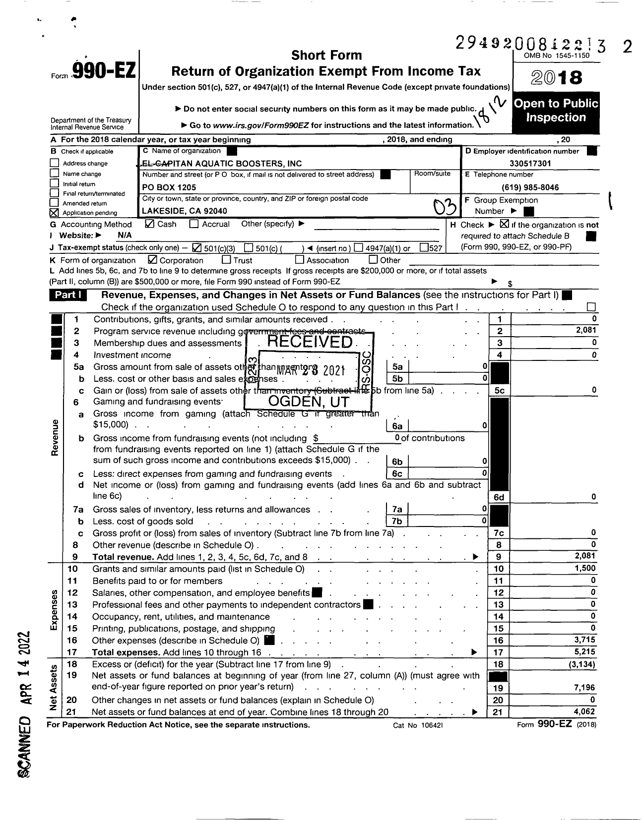 Image of first page of 2018 Form 990EZ for El Capitan Aquatics Boosters