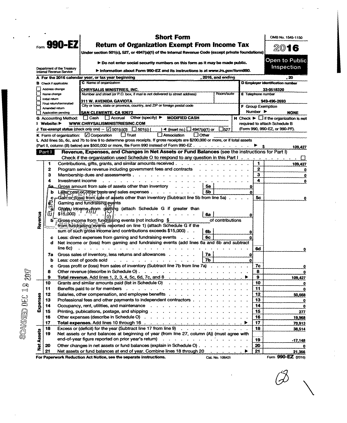 Image of first page of 2016 Form 990EZ for Chrysalis Ministries