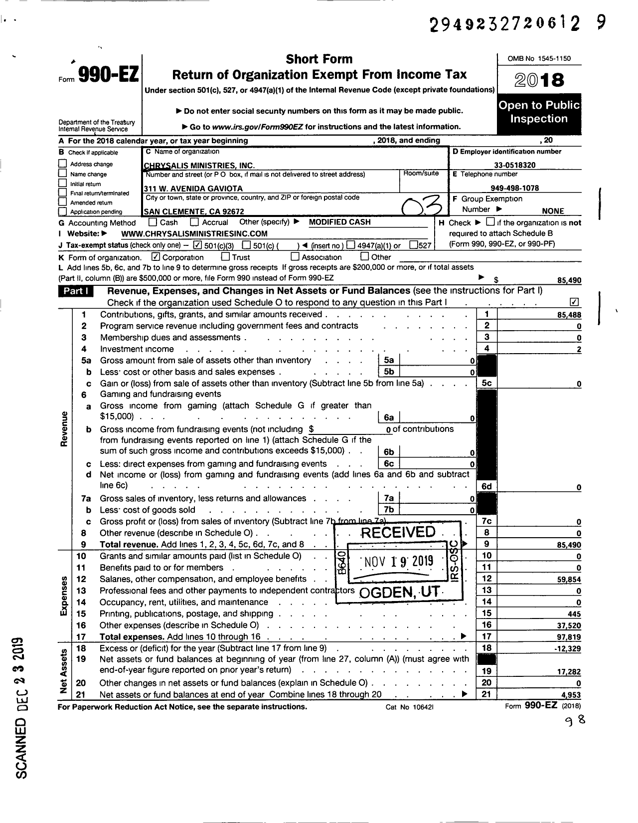 Image of first page of 2018 Form 990EZ for Chrysalis Ministries