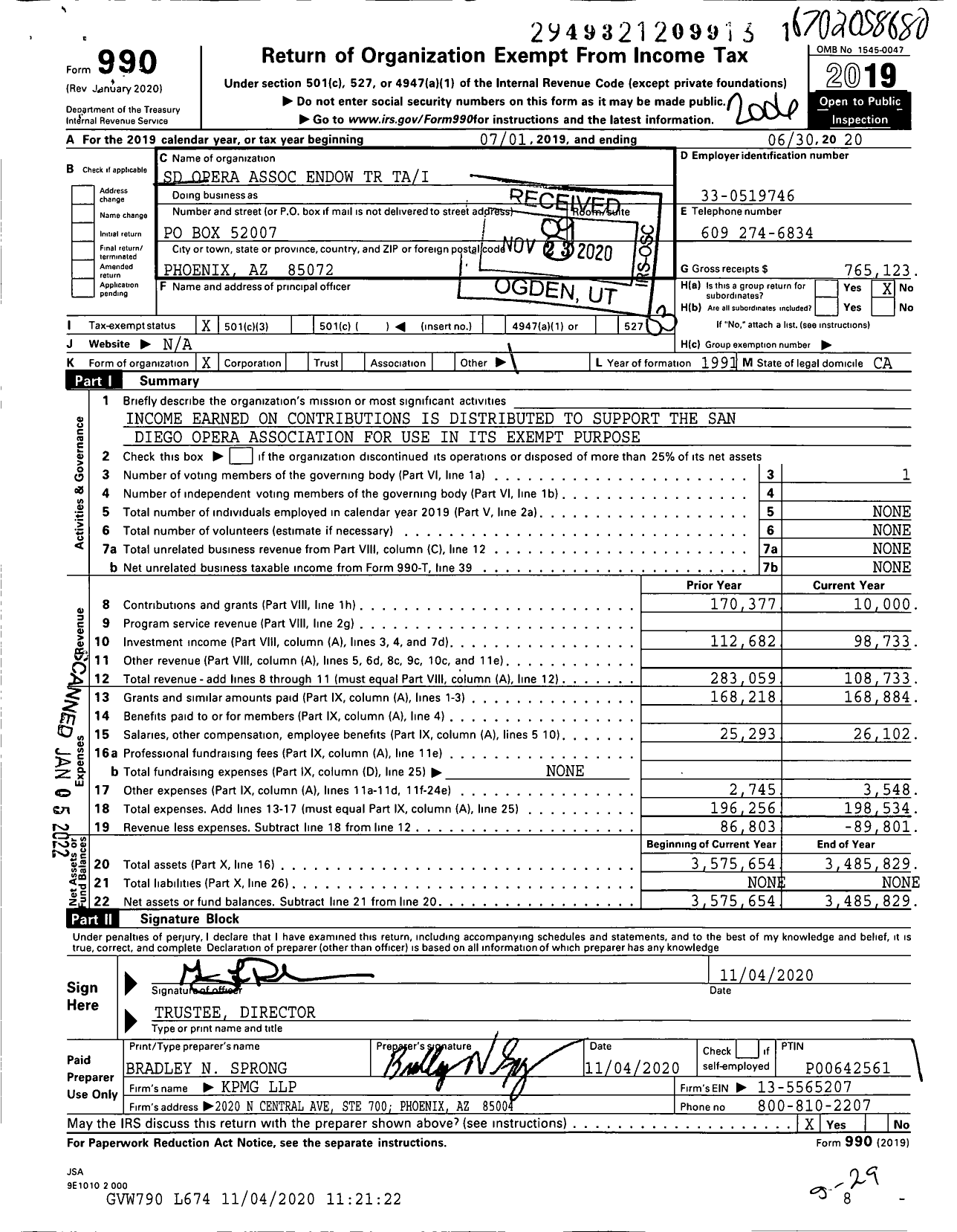 Image of first page of 2019 Form 990 for SD Opera Association Endow TR Tai