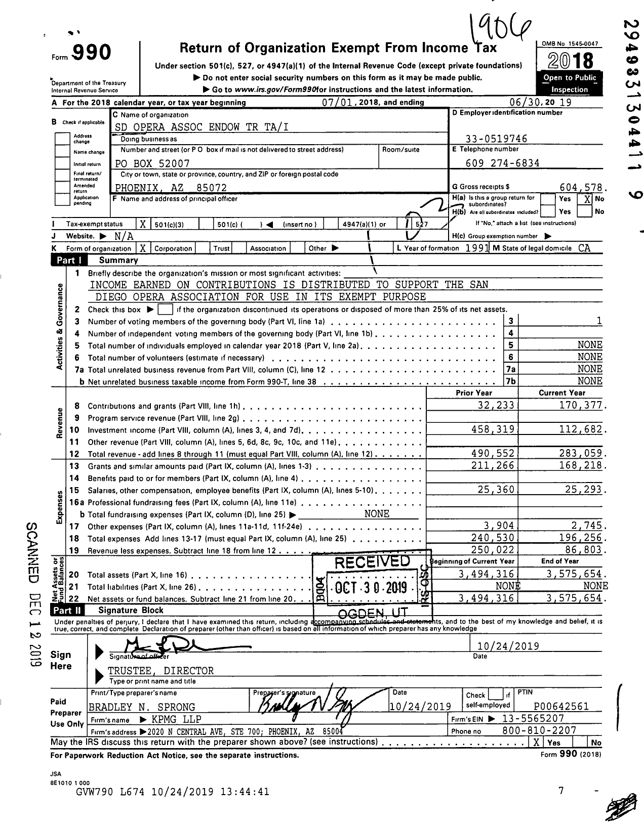 Image of first page of 2018 Form 990 for SD Opera Association Endow TR Tai