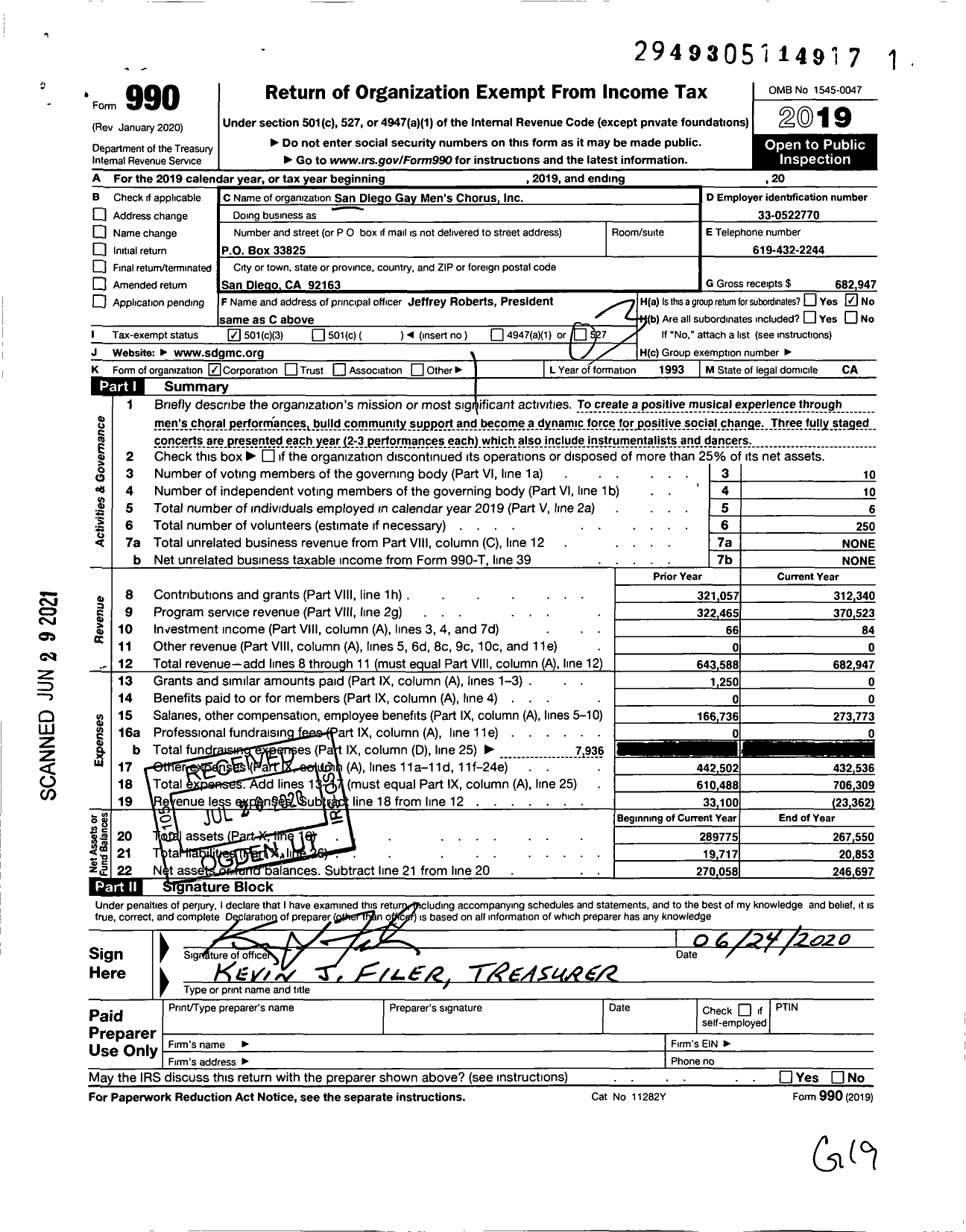 Image of first page of 2019 Form 990 for San Diego Gay Mens Chorus