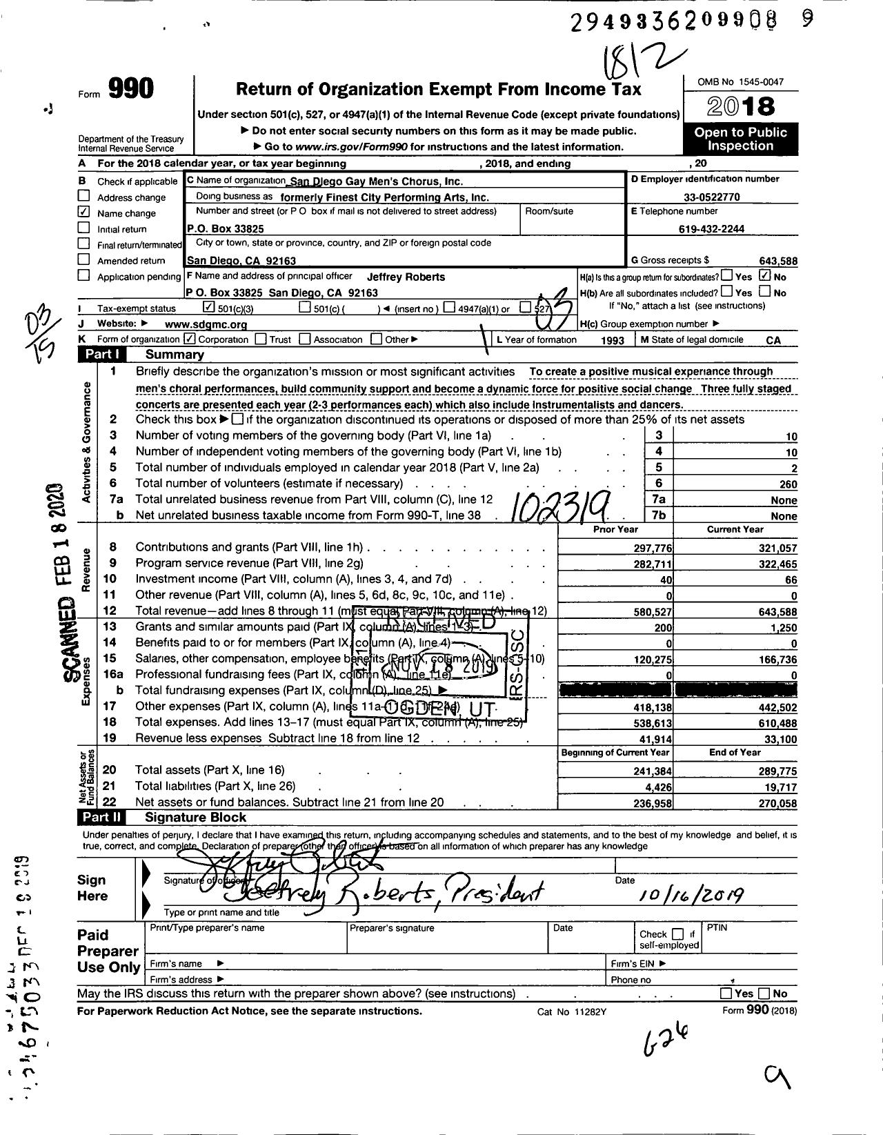 Image of first page of 2018 Form 990 for San Diego Gay Mens Chorus