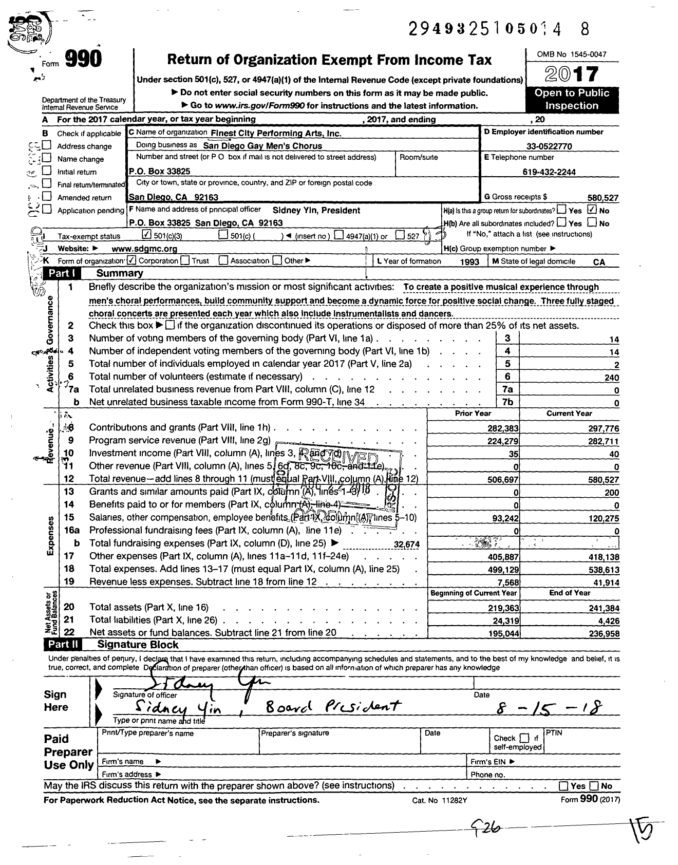 Image of first page of 2017 Form 990 for San Diego Gay Mens Chorus