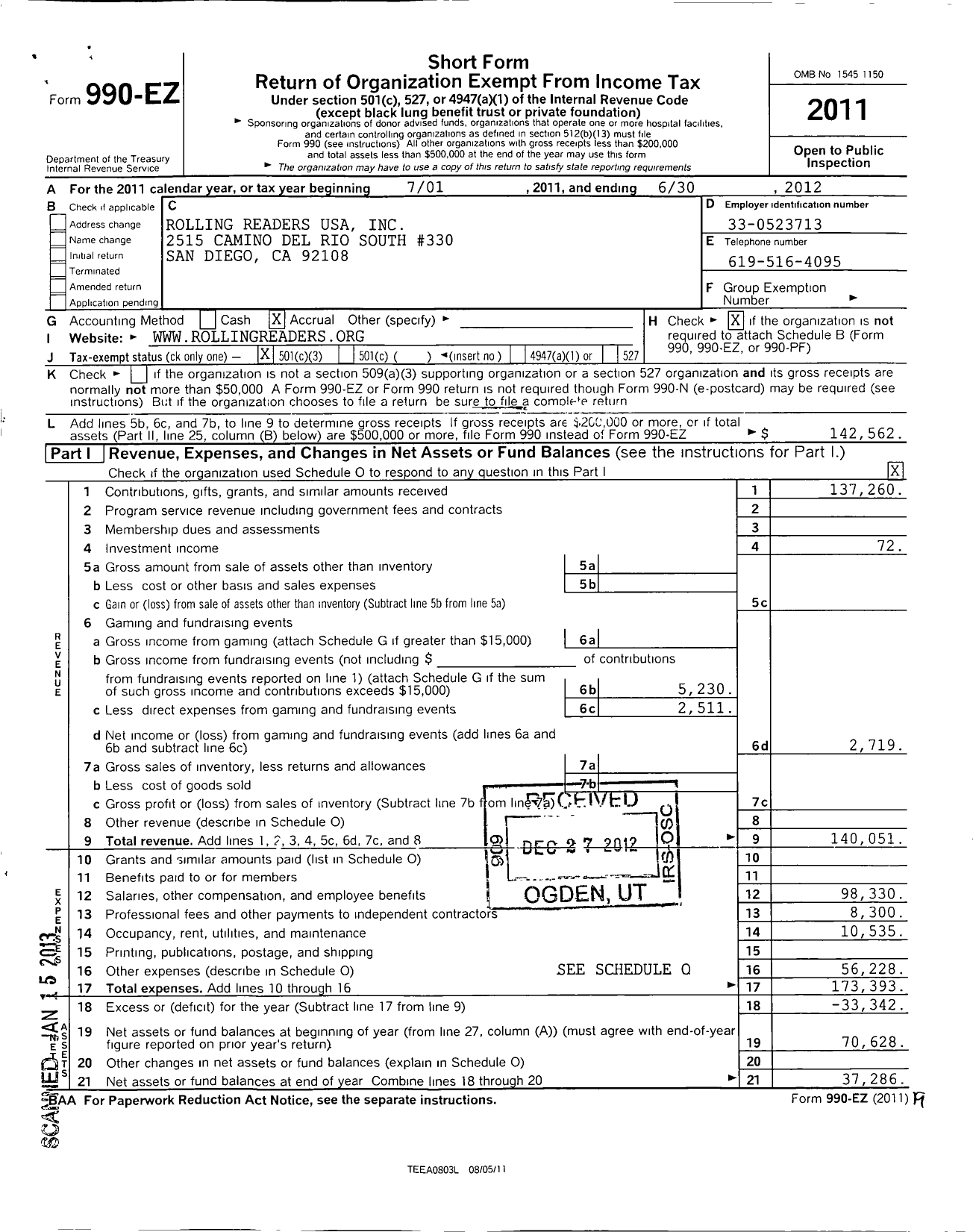 Image of first page of 2011 Form 990EZ for Rolling Readers USA S A