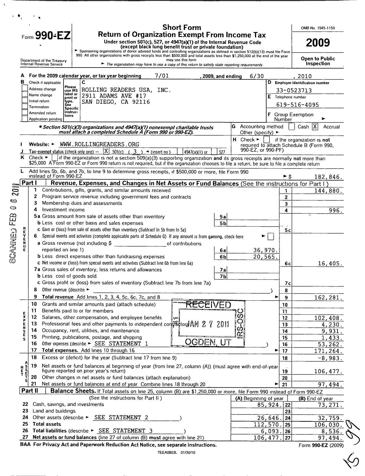 Image of first page of 2009 Form 990EZ for Rolling Readers USA S A