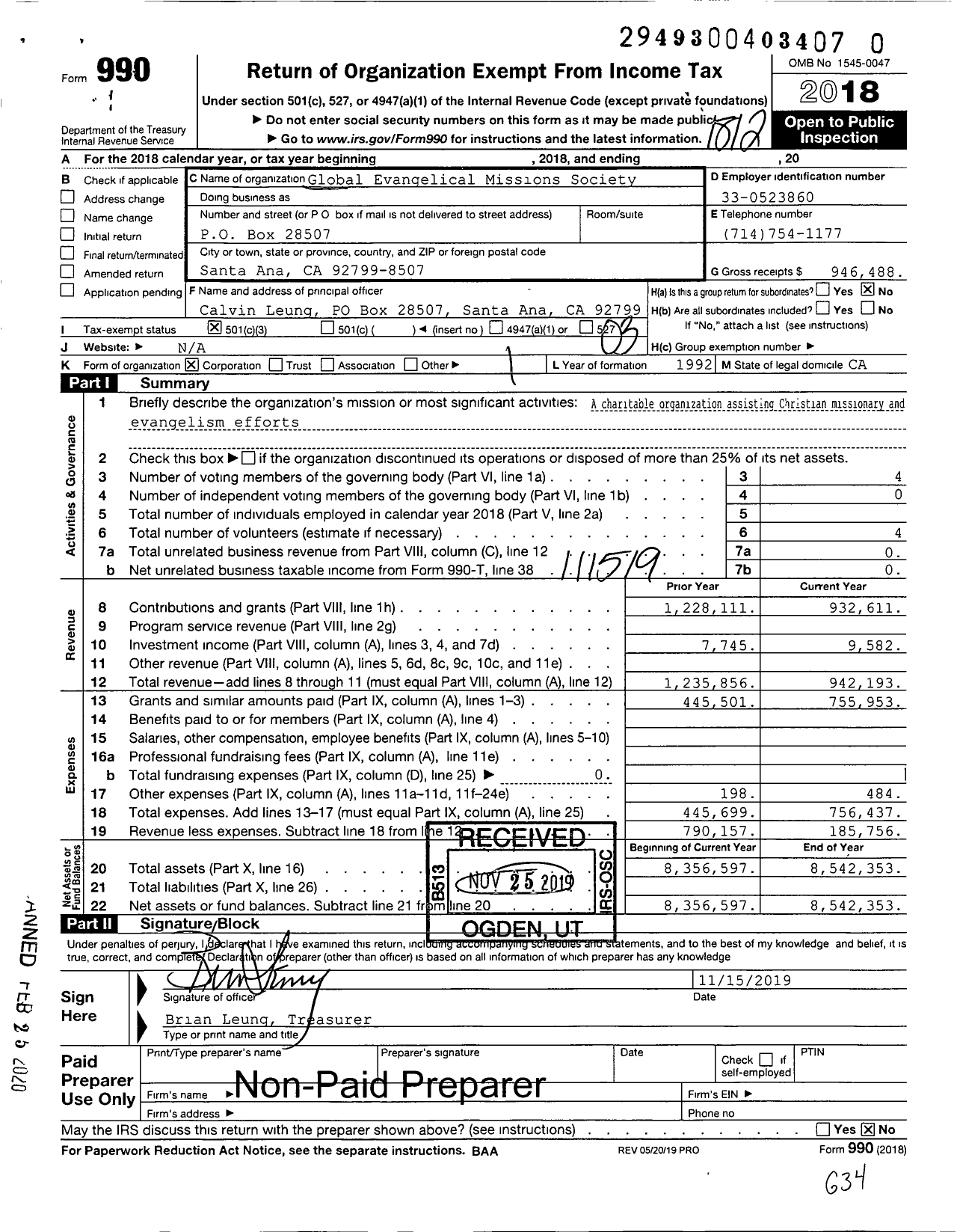 Image of first page of 2018 Form 990 for Global Evangelical Missions Society