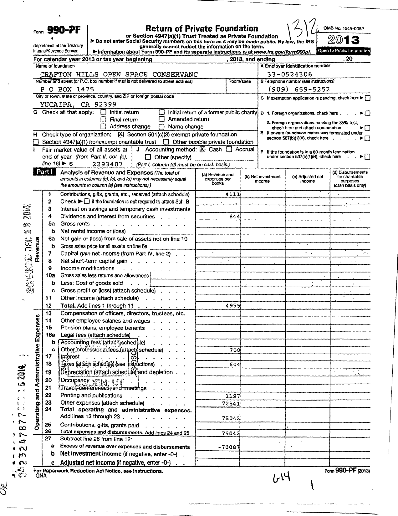 Image of first page of 2013 Form 990PF for Crafton Hills Open Space Conservancy