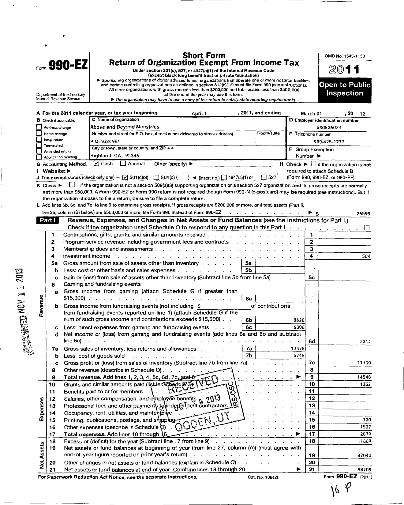 Image of first page of 2011 Form 990EZ for Above and Beyond Ministries