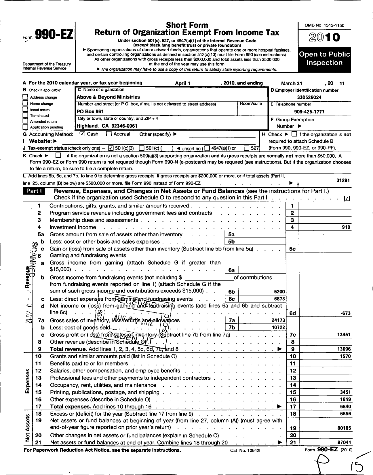 Image of first page of 2010 Form 990EZ for Above and Beyond Ministries