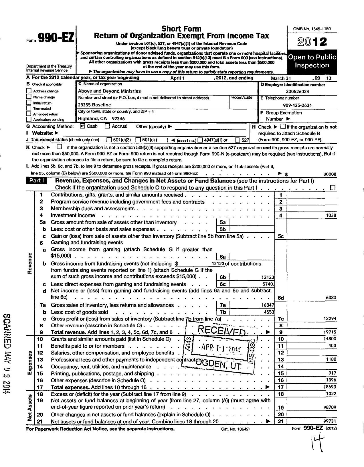 Image of first page of 2012 Form 990EO for Above and Beyond Ministries