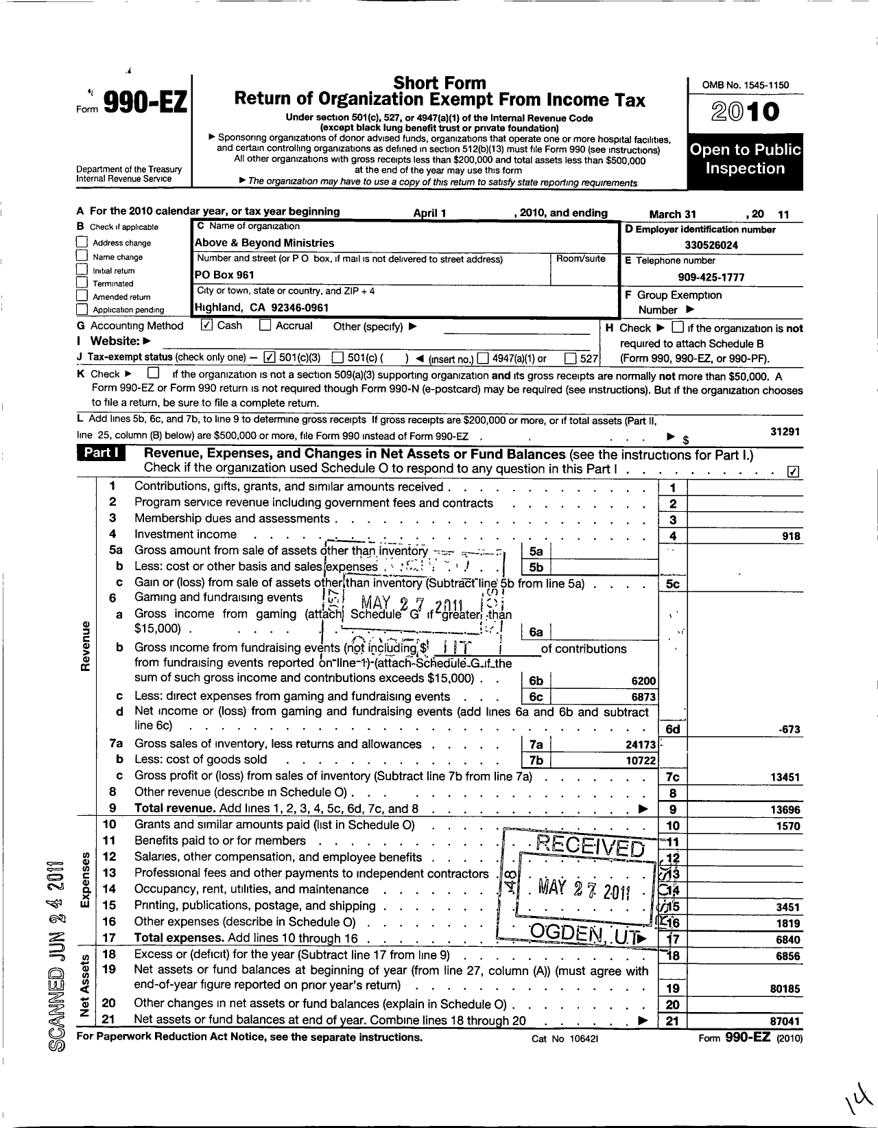 Image of first page of 2010 Form 990EZ for Above and Beyond Ministries