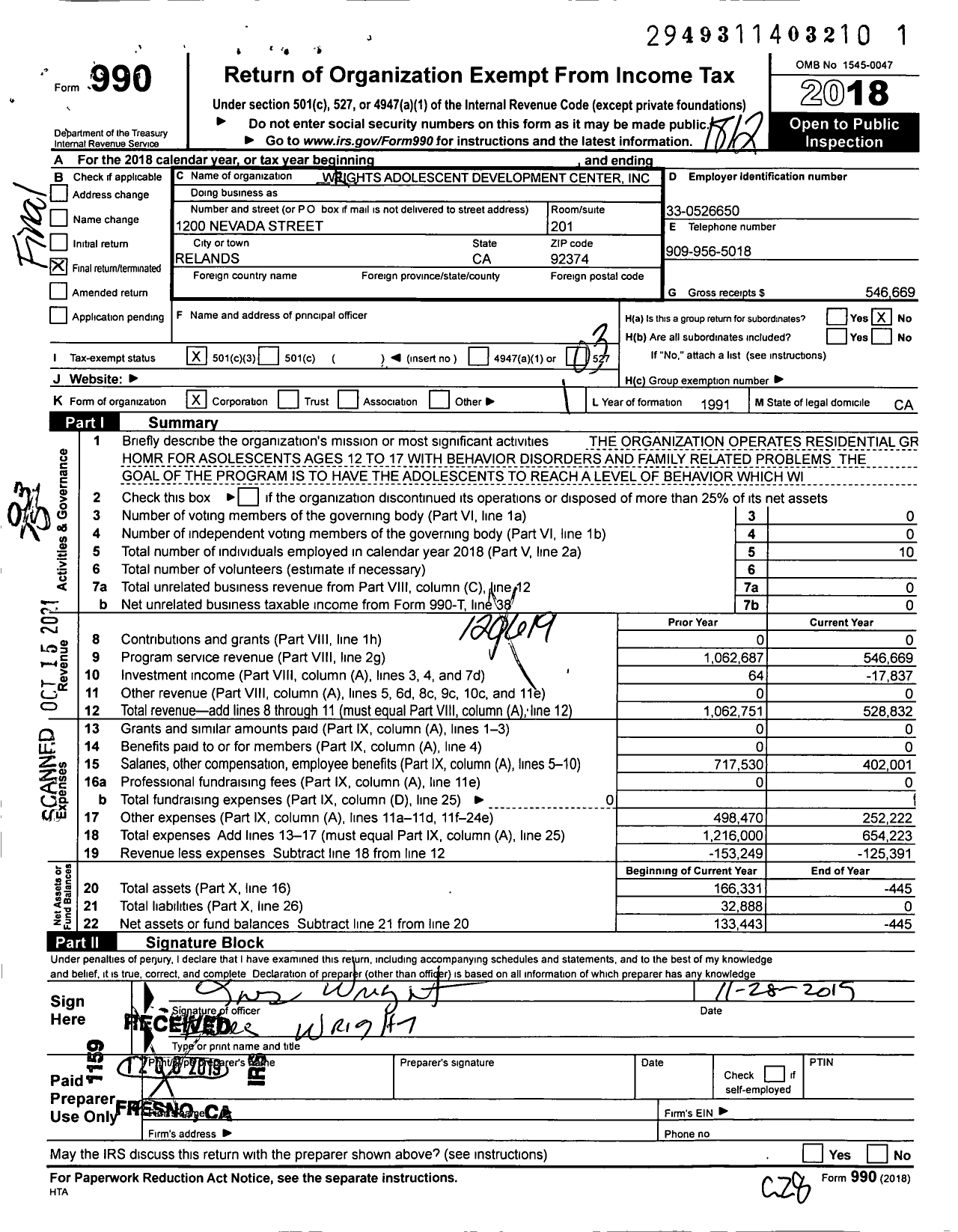 Image of first page of 2018 Form 990 for Wrights Adolescent Development Center