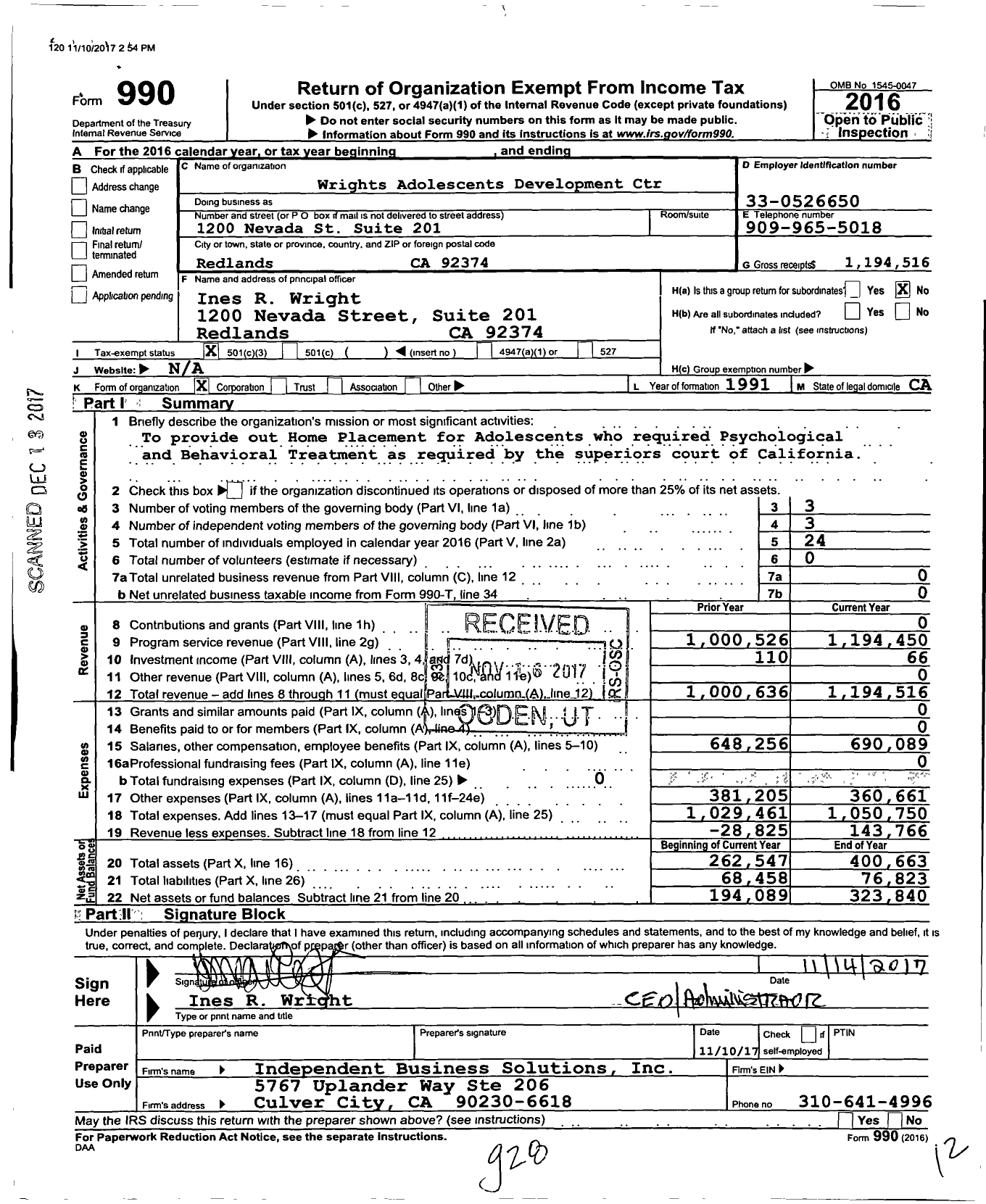 Image of first page of 2016 Form 990 for Wrights Adolescent Development Center