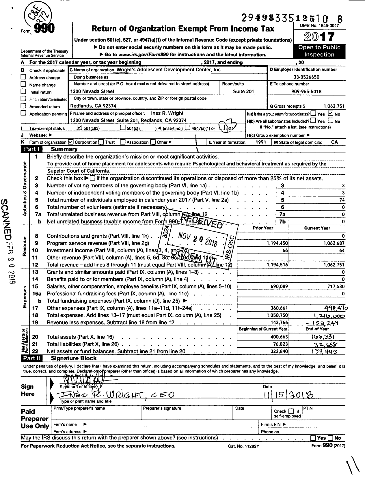 Image of first page of 2017 Form 990 for Wrights Adolescent Development Center