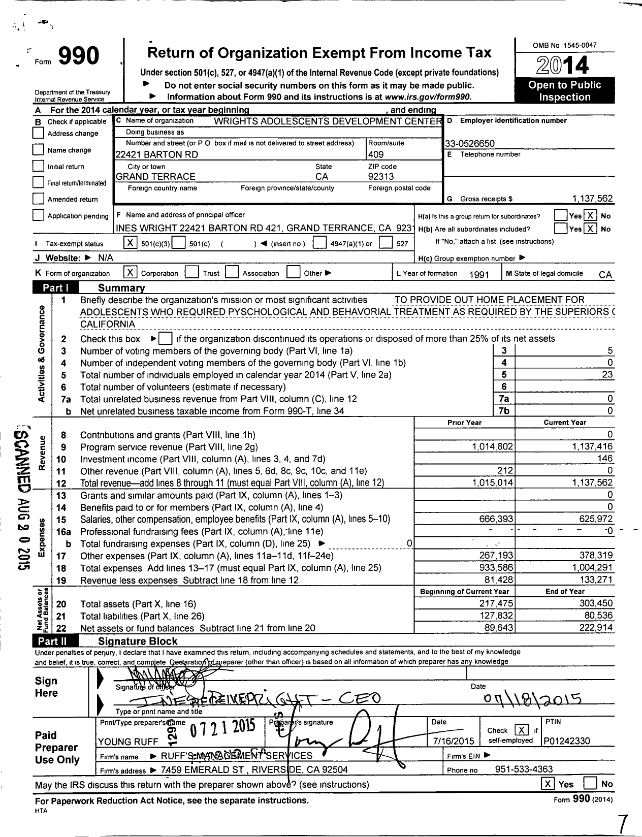 Image of first page of 2014 Form 990 for Wrights Adolescent Development Center