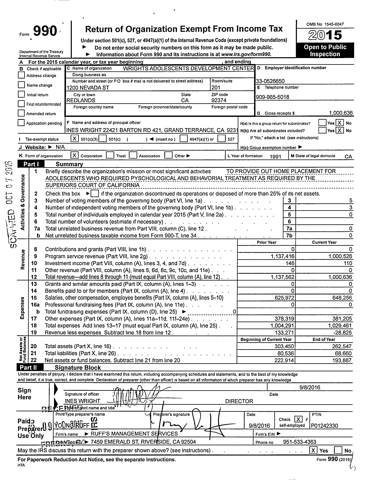 Image of first page of 2015 Form 990 for Wrights Adolescent Development Center