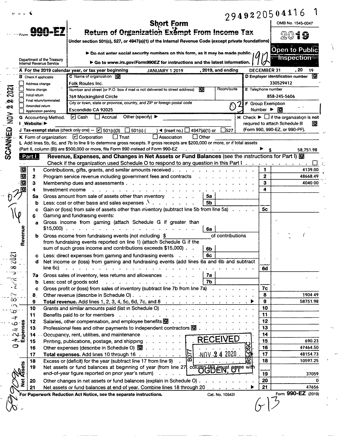 Image of first page of 2019 Form 990EZ for Folk ROUTES