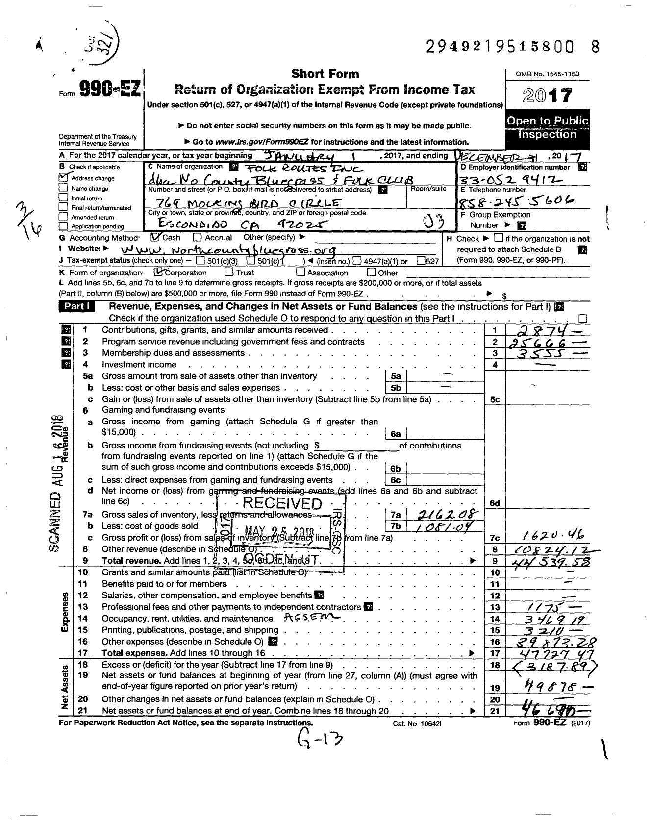 Image of first page of 2017 Form 990EZ for Folk ROUTES