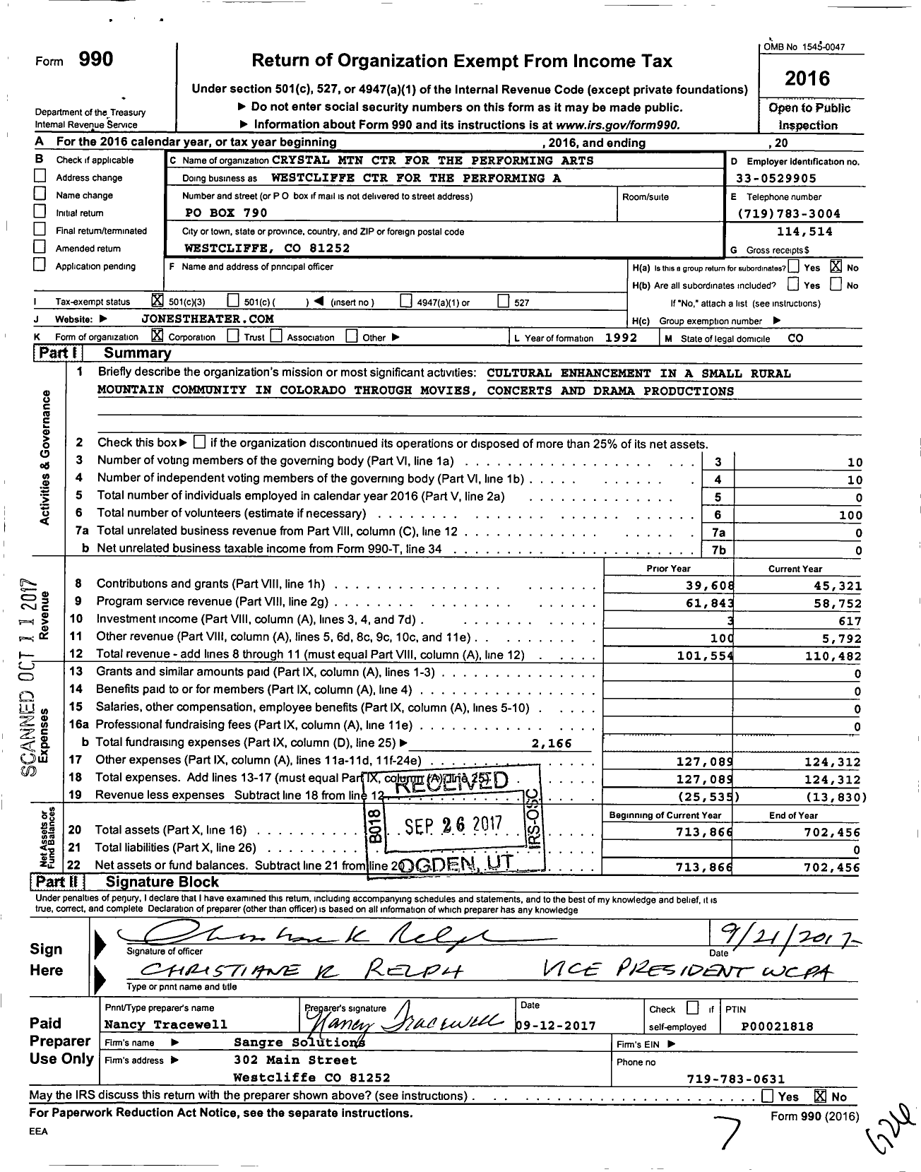 Image of first page of 2016 Form 990 for Crystal MTN Center for the Performing Arts Westcliffe Center for the Perform