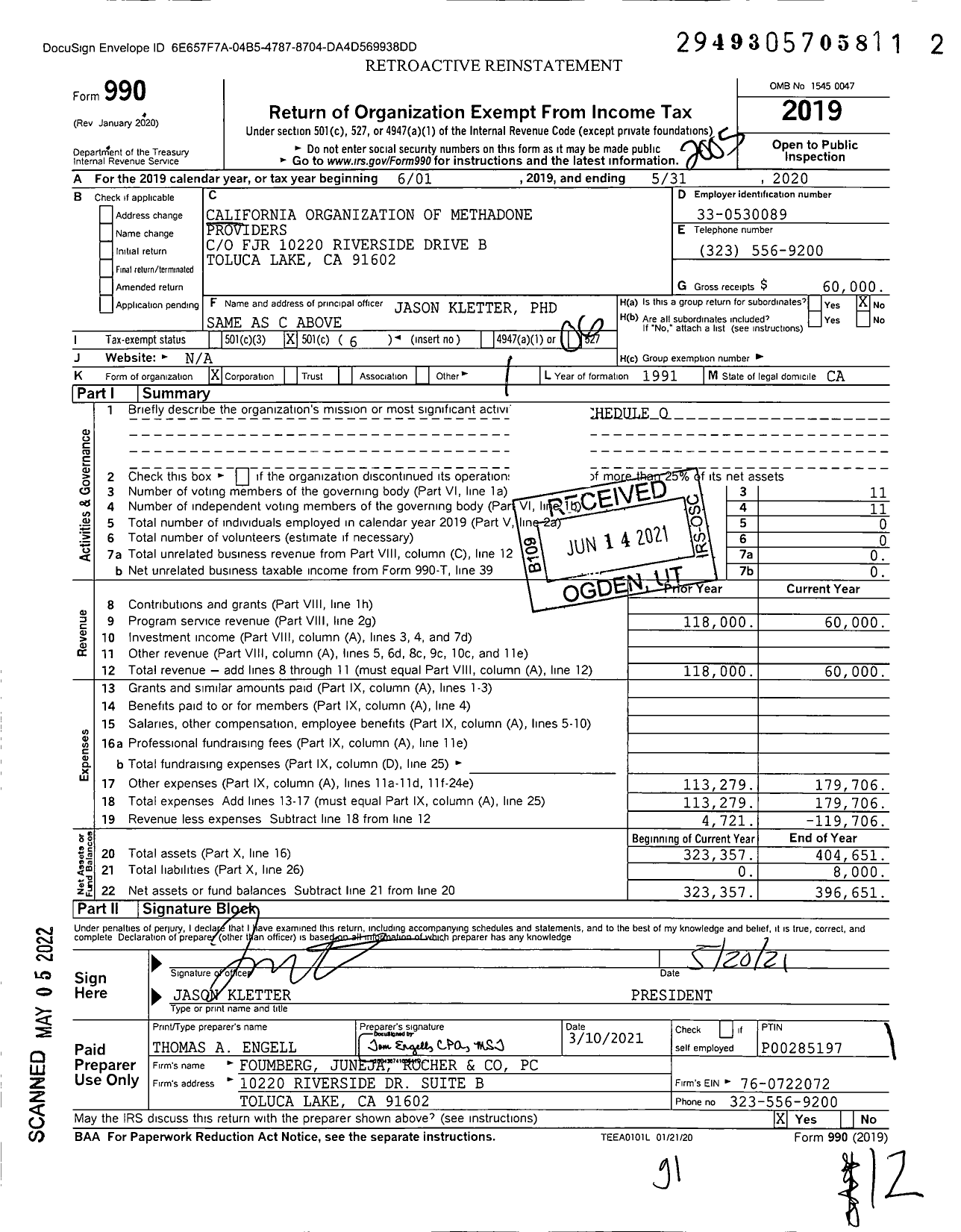 Image of first page of 2019 Form 990O for California Opioid Maintenance Providers