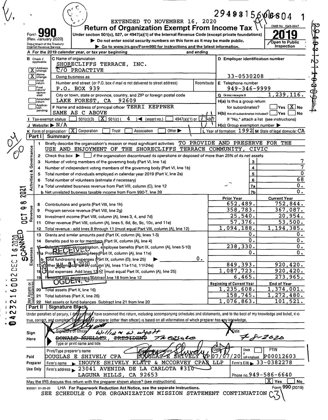 Image of first page of 2019 Form 990O for Shorecliffs Terrace