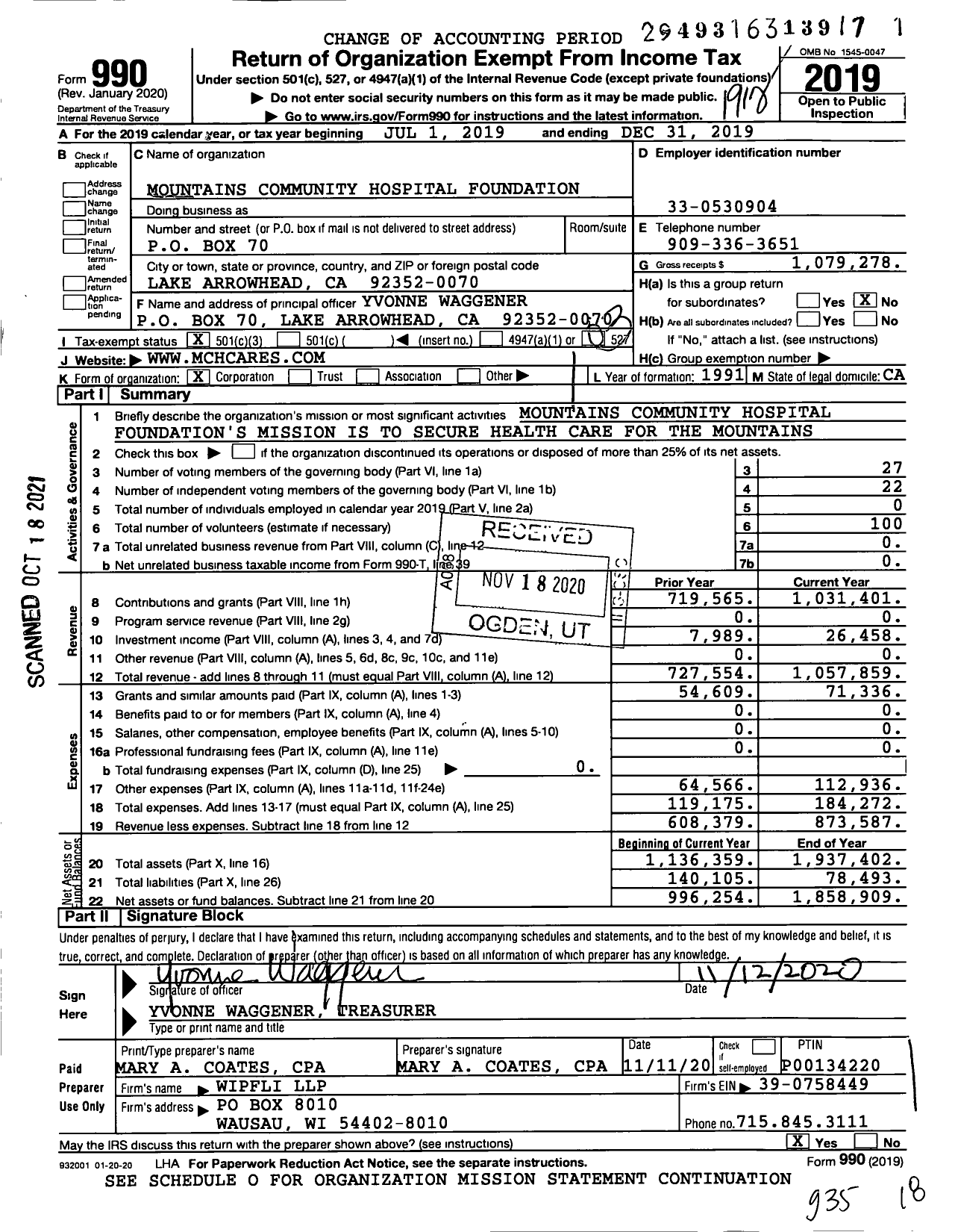 Image of first page of 2019 Form 990 for Mountains Community Hospital Foundation